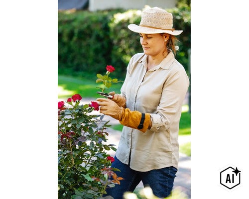 Eine Person mit Gartenhandschuhen schneidet eine Rose mit einer Gartenschere im Garten. (Image AI modified or generated)
