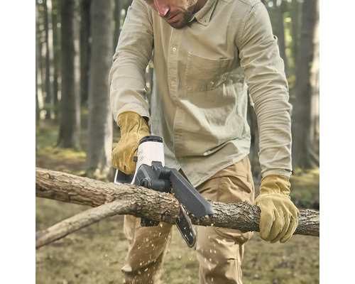 Eine Person mit Schutzhandschuhen schneidet mit einer kompakten Akku-Kettensäge einen Ast in einem Wald.