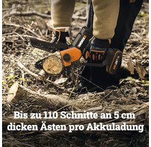 Handgeführter Worx Akku-Gehölzschneider sägt einen Ast. Worx Logo. Text: Bis zu 110 Schnitte an 5 Zentimeter dicken Ästen pro Akkuladung.