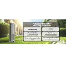 Aiper Gerät auf Rasenfläche mit Merkmalen: UV-beständig, geräuscharm, automatische Ventilabschaltung, Kupferanschluss, Wintermodus und Filter.