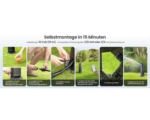 Infografik zur Montage eines Sprinklers in 15 Minuten mit sechs Schritten: Verankern, Anschließen, Koppeln, Kartieren und Bewässerung starten.