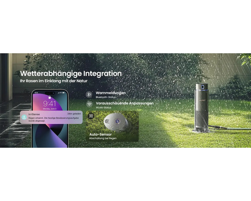 Intelligentes Bewässerungssystem mit Smartphone-App-Benachrichtigung bei Regen, Regensensor und Steuergerät im Garten.
