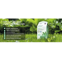 Aiper SoilPulse mikrobiell organischer Bodenzusatz auf Rasen. Nährt den Boden. Aiper Logo. Hergestellt in den Vereinigten Staaten.