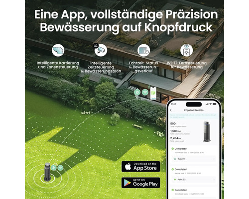 Intelligente Gartenbewässerung gesteuert per App mit Zeitplaner, Zonensteuerung und Wasserverbrauchsanzeige für eine präzise Rasenpflege.