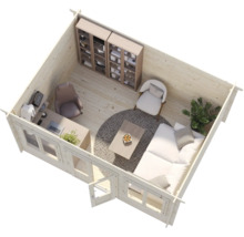 Modern eingerichtetes Gartenhaus aus Holz mit Schreibtisch, Sofa, Sessel und Bücherregalen in heller, organisierter Atmosphäre.