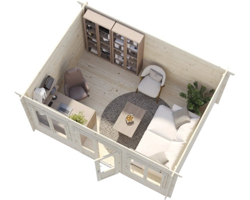 Modern eingerichtetes Gartenhaus aus Holz mit Schreibtisch, Sofa, Sessel und Bücherregalen in heller, organisierter Atmosphäre.