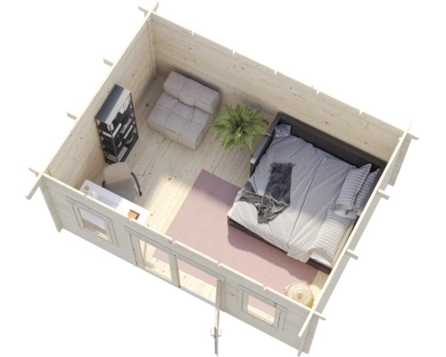 Innenansicht eines hellen Gartenhauses aus Holz mit Bett, Schreibtisch, Sessel, Regal und Zimmerpflanze aus der Vogelperspektive.