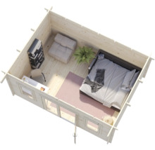 Innenansicht eines hellen Gartenhauses aus Holz mit Bett, Schreibtisch, Sessel, Regal und Zimmerpflanze aus der Vogelperspektive.