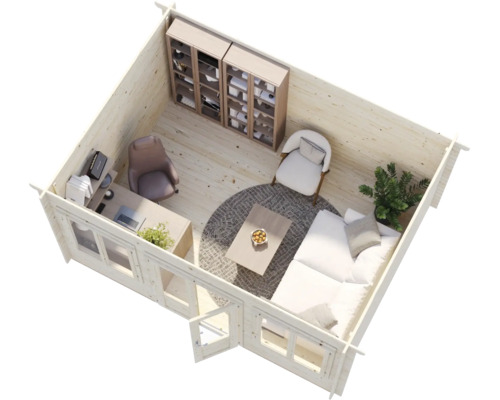 Innenansicht eines hellen Holzgartenhauses mit Arbeitsbereich, Sofa, Sesseln, Regalen und Couchtisch auf einem Teppich.