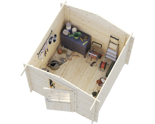 Einblick in ein helles Gartenhaus aus Holz mit Aufbewahrungsschrank, Gartengeräten, Leiter und Schlauchwagen für eine geordnete Aufbewahrung.