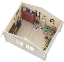 Innenansicht eines Gartenhauses aus Holz mit Gartengeräten, Skiern, Leiter, Schrank und Roller auf einem Holzboden.