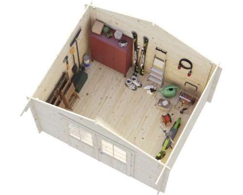Innenansicht eines Gartenhauses aus Holz mit Gartengeräten, Skiern, Leiter, Schrank und Roller auf einem Holzboden.