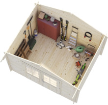 Einblick in das Innere eines Gartenhauses aus hellem Holz mit Gartengeräten, Skiern, einer Leiter und verschiedenen Aufbewahrungsmöglichkeiten.