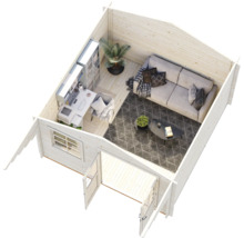 Isometrische Ansicht eines hellen Gartenhauses aus Holz, eingerichtet als Büro und Wohnraum mit Schreibtisch, Sofa, Teppich und Zimmerpflanze.