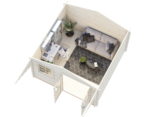 Isometrische Ansicht eines hellen Gartenhauses aus Holz, eingerichtet als Büro und Wohnraum mit Schreibtisch, Sofa, Teppich und Zimmerpflanze.