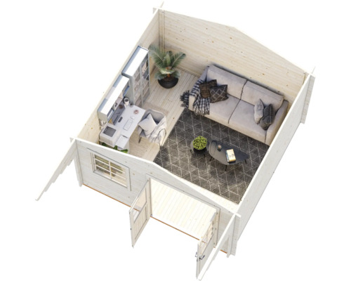Draufsicht auf den Innenraum eines hellen Gartenhauses aus Holz mit Büro- und Wohnbereich inklusive Sofa, Schreibtisch und gemustertem Teppich.