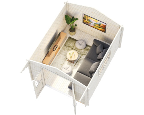 Draufsicht auf einen hellen Innenraum eines Gartenhauses aus Holz mit grauem Sofa, Couchtisch, Pflanze und Holzmöbeln.