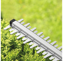 Heckenscheren-Klinge aus Metall schneidet eine grüne Hecke im Garten.