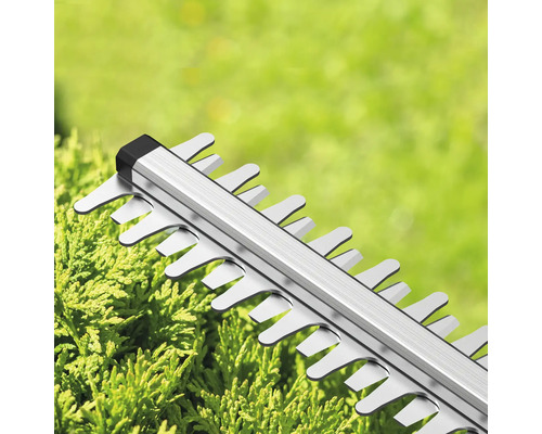 Heckenscheren-Klinge aus Metall schneidet eine grüne Hecke im Garten.
