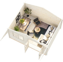 Innenansicht eines Gartenhauses aus Holz mit Essbereich, großem Sofa, Sesseln und dekorativen Pflanzen.
