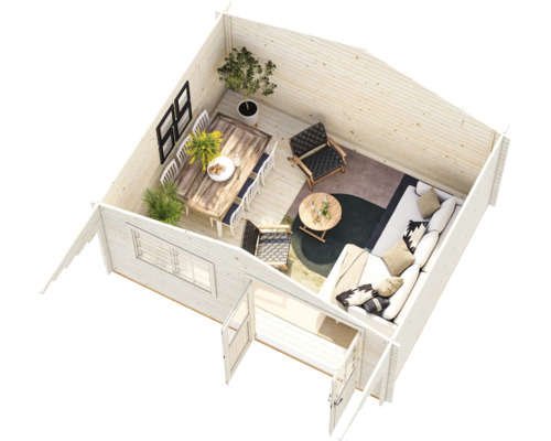 Innenansicht eines Gartenhauses aus Holz mit Essbereich, großem Sofa, Sesseln und dekorativen Pflanzen.