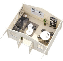 Innenansicht eines Gartenhauses aus Holz mit eingerichteter Wohn- und Essecke sowie Regalen und Fenstern.