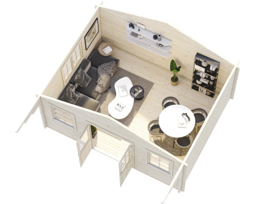 Draufsicht in ein helles, modernes Gartenhaus aus Holz mit Ecksofa, Couchtisch, runder Essgruppe, Wandregalen und Pflanzen.