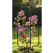Rankobelisk aus Metall für Kletterpflanzen im Garten mit dekorativen Blumenelementen.