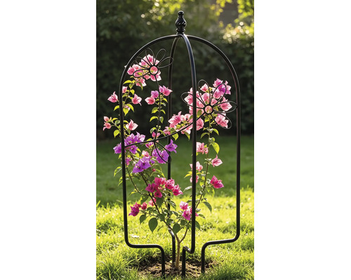 Rankobelisk aus Metall für Kletterpflanzen im Garten mit dekorativen Blumenelementen.