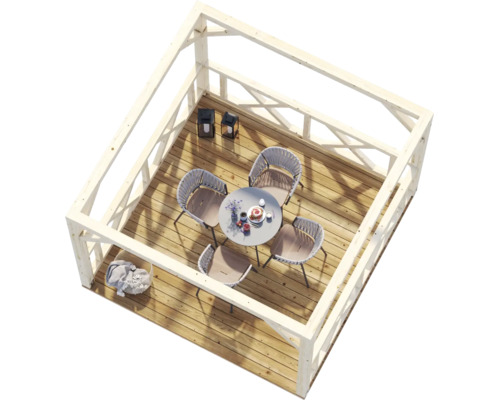 Draufsicht auf eine Holzterrasse mit rundem Tisch, vier Stühlen und einer hellen Holzpergola.