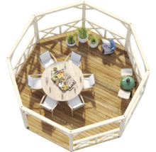 Achteckiger Gartenpavillon aus Holz mit einem runden Tisch, sechs Stühlen, einem Grill und Topfpflanzen in der Draufsicht.