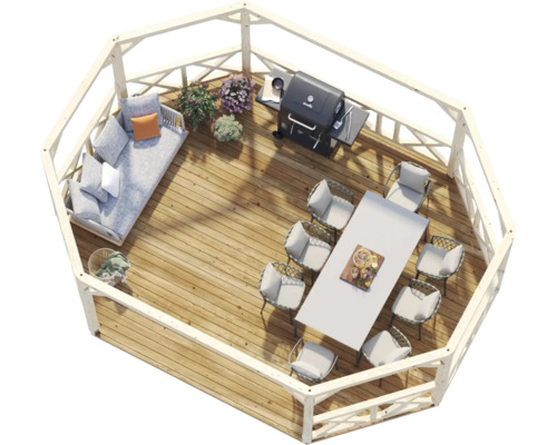 Draufsicht auf einen hellen Holzpavillon mit Loungesofa, Esstischgruppe, Gasgrill und Pflanzen auf einem Holzboden.