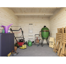 Innenansicht eines hellen Gartenhauses aus Holz mit Rasenmäher, Keramikgrill, Leiter, Schlauchtrommel und zusammengeklappten Gartenstühlen.