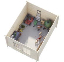 Blick von oben in ein offenes Gartenhaus aus Holz, gefüllt mit Rasenmäher, Grill, Leiter und Gartengeräten zur Illustration des Stauraums.