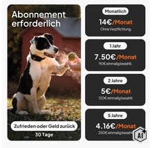 Abonnement-Preise für Hunde-GPS: Monatlich 14 Euro, 1 Jahr für 7.50 Euro pro Monat, 2 Jahre für 5 Euro pro Monat, 5 Jahre für 4.16 Euro pro Monat. (Image AI modified or generated)