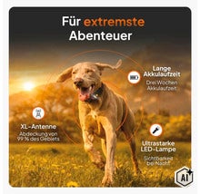 GPS-Tracker für Hunde für extreme Abenteuer mit XL-Antenne, drei Wochen Akkulaufzeit und ultrastarker LED-Lampe. (Image AI modified or generated)