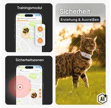 GPS-Tracker für Katzen mit App-Funktionen wie Trainingsmodul, Sicherheitszonen und Ortung auf einer Karte. (Image AI modified or generated)