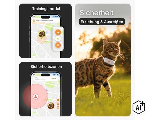 GPS-Tracker für Katzen mit App-Funktionen wie Trainingsmodul, Sicherheitszonen und Ortung auf einer Karte. (Image AI modified or generated)