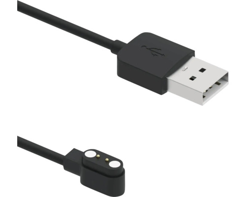 Schwarzes USB-Ladekabel mit einem USB-A-Anschluss und einem magnetischen zweipoligen Ladeanschluss.