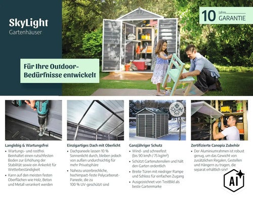SkyLight Gartenhaus mit lichtdurchlässigem Dach, wetterfest und langlebig, inklusive zehn Jahren Garantie für Outdoor-Aufbewahrung. (Image AI modified or generated)