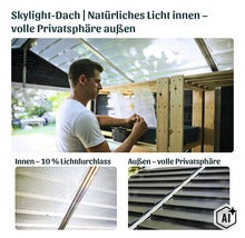Ein Mann arbeitet in einem Gartenhaus mit einem lichtdurchlässigen Skylight Dach das natürliches Licht einfallen lässt und Privatsphäre bietet. (Image AI modified or generated)