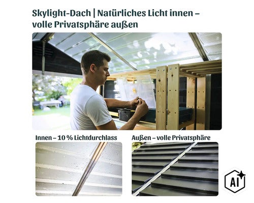 Ein Mann arbeitet in einem Gartenhaus mit einem lichtdurchlässigen Skylight Dach das natürliches Licht einfallen lässt und Privatsphäre bietet. (Image AI modified or generated)