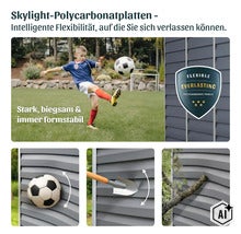 Skylight Polycarbonatplatten für Gartenhäuser mit Beispielen für Flexibilität und Schlagfestigkeit bei Aufprall von Fußball Spaten oder Ästen (Image AI modified or generated)