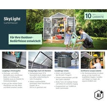 SkyLight Gartenhaus mit lichtdurchlässigem Dach, wetterfest und langlebig, inklusive zehn Jahren Garantie für Outdoor-Aufbewahrung. (Image AI modified or generated)