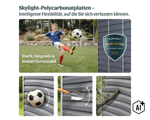 Skylight Polycarbonatplatten für Gartenhäuser mit Beispielen für Flexibilität und Schlagfestigkeit bei Aufprall von Fußball Spaten oder Ästen (Image AI modified or generated)