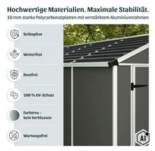 Gartenhaus aus 10 Millimeter starken Polycarbonatplatten mit Aluminiumrahmen, schlagfest, wetterfest, rostfrei, UV-beständig und wartungsfrei. (Image AI modified or generated)