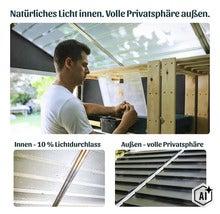 Ein Mann arbeitet in einem Gartenhaus mit lichtdurchlässigem Dach, das natürliches Licht einlässt und von außen volle Privatsphäre bietet. (Image AI modified or generated)