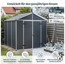 Wetterfestes Gartenhaus mit Aluminiumrahmen und Polycarbonatplatten für ganzjährigen Einsatz mit zwölf Jahren Garantie und hoher Schneelastprüfung. (Image AI modified or generated)