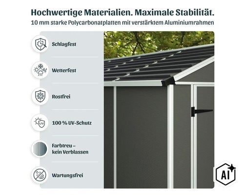 Gartenhaus aus 10 Millimeter starken Polycarbonatplatten mit Aluminiumrahmen, schlagfest, wetterfest, rostfrei, UV-beständig und wartungsfrei. (Image AI modified or generated)