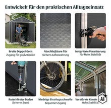 Übersicht der Ausstattungsmerkmale eines Metallgerätehauses für den Garten mit Doppeltüren, rutschfestem Boden und stabiler Konstruktion. (Image AI modified or generated)